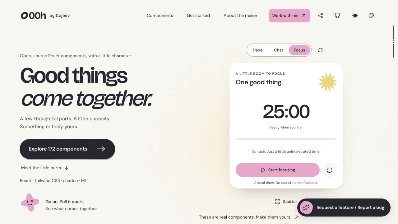 The public 000h by Cojeev homepage hero with a Focus timer demo. The library is made by Sanjay Kumar Gautam; Abhay’s contribution concerns delivery and reliability.