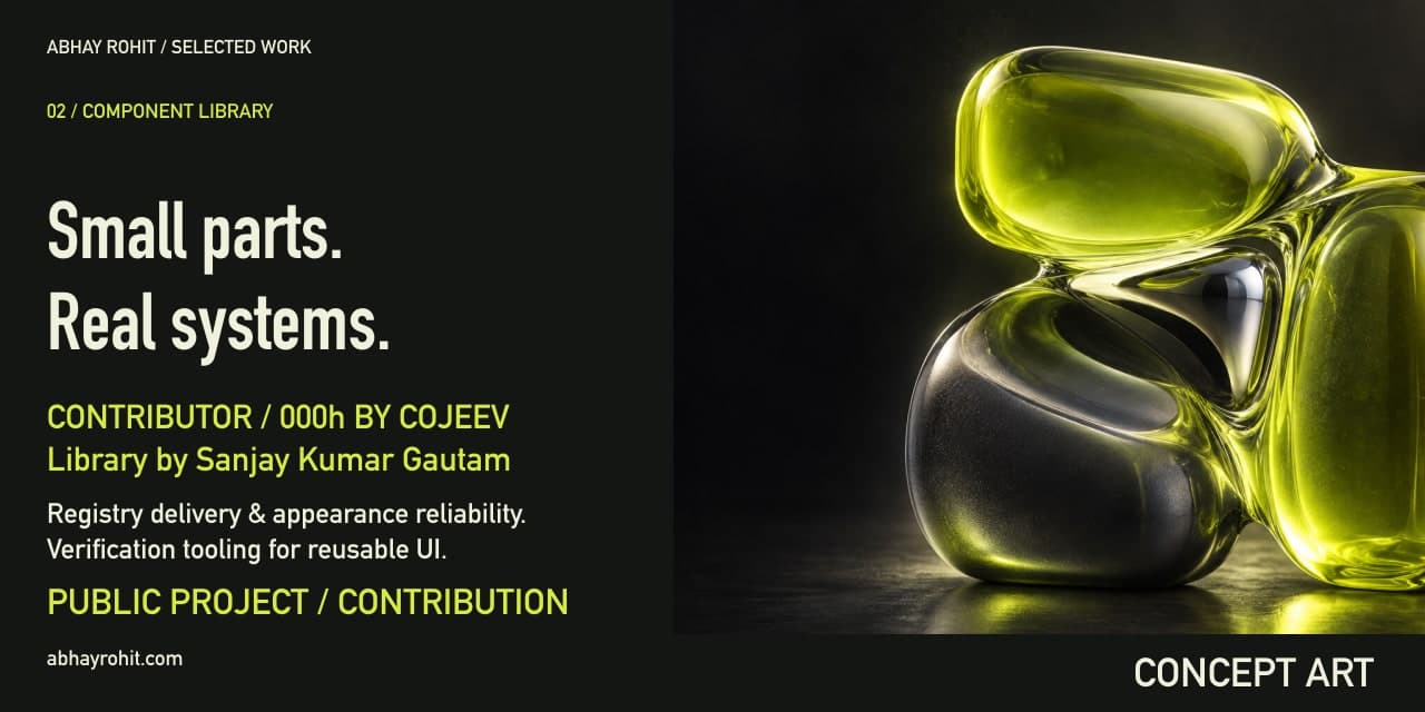 Concept poster for the 000h by Cojeev contribution study. Fluid lime-resin capsules cluster against graphite, suggesting parts working together. The headline reads “Small parts. Real systems.” Credit identifies the library by Sanjay Kumar Gautam and delivery/reliability contributions by Abhay. The objects are a visual metaphor, not component UI.