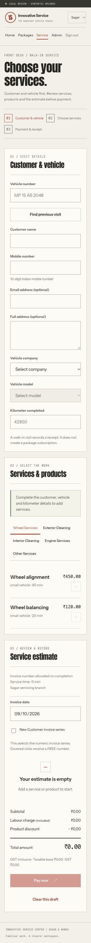 Mobile Innovative Service walk-in form with blank customer fields and service choices, shown in local synthetic review.