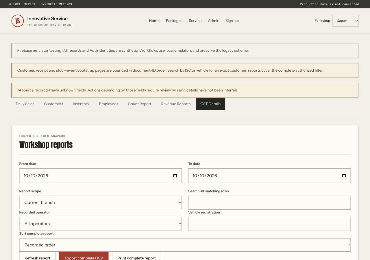 Innovative Service GST reporting workspace with date and branch filters. The visible notice states that records and Auth identities are synthetic and production data is not connected.