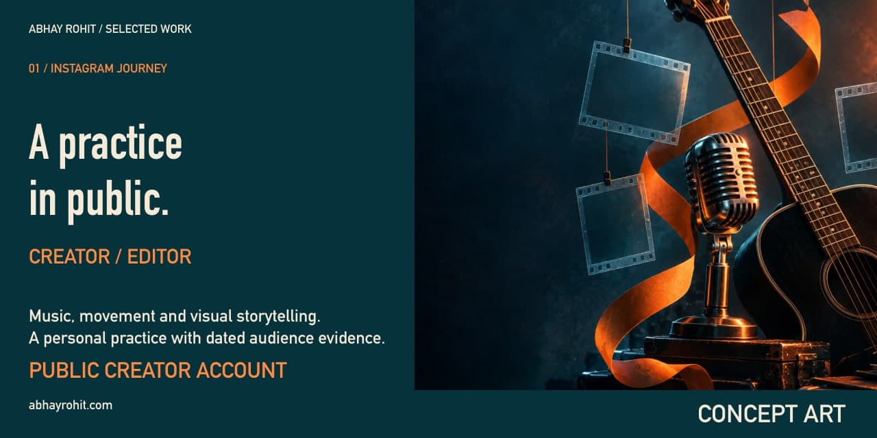Concept poster for Abhay’s Instagram journey. A guitar, vintage microphone, headphones and floating film frames sit in a petrol-blue scene with orange light. The headline reads “A practice in public.” The objects symbolize a creator practice; this artwork is not a photograph of Abhay’s life.