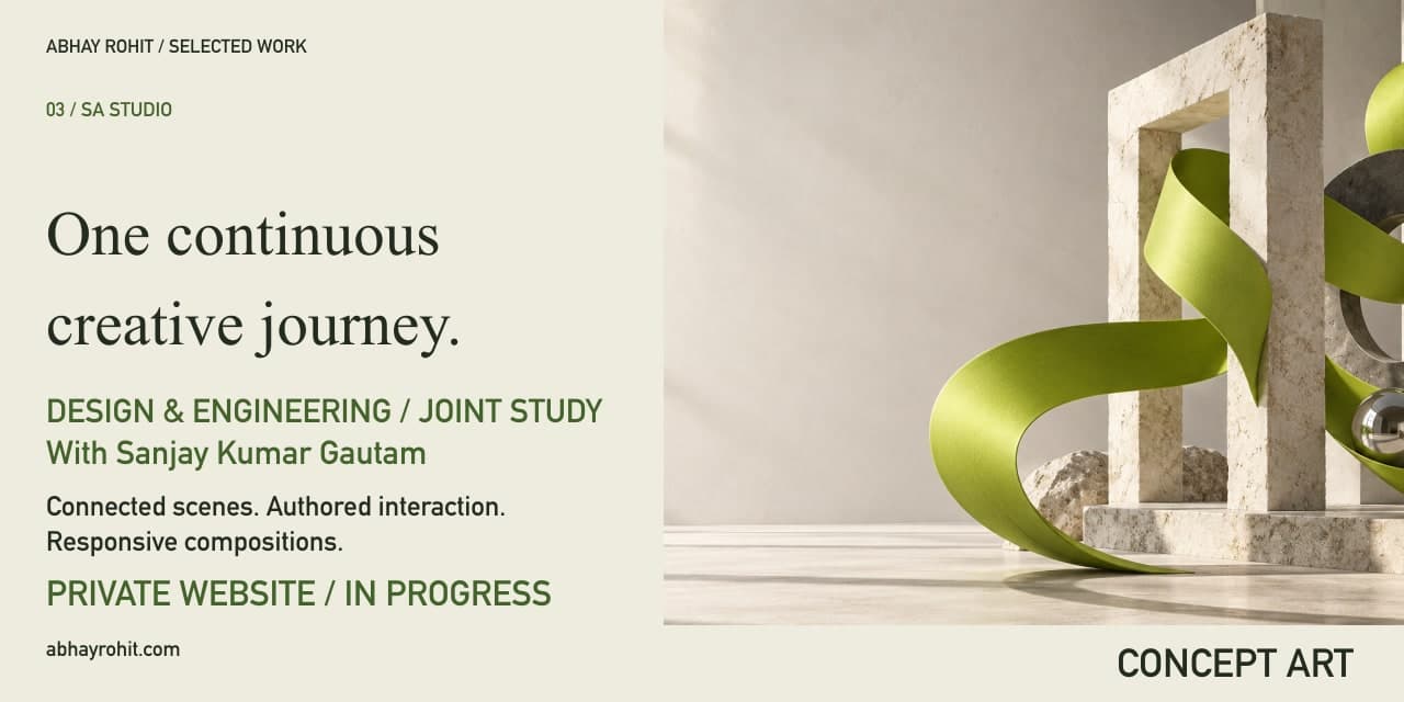 Concept poster for SA Studio. A lime ribbon threads through pale architectural apertures in an editorial composition. The headline reads “One continuous creative journey.” It credits a joint website with Sanjay Kumar Gautam and labels the work in progress. The architecture is a metaphor, not a built space or website screenshot.
