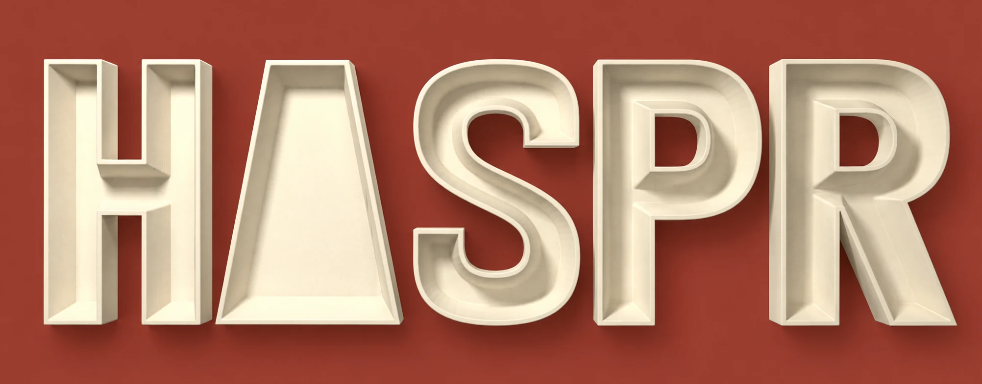 Sculptural cream Haspr lettering on the portfolio’s red studio backdrop