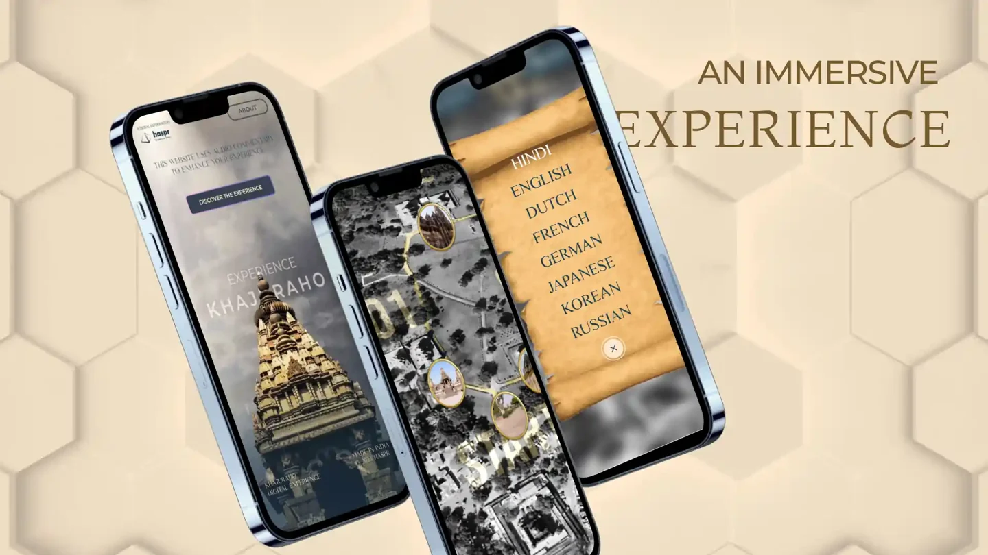 Published screens showing the original Khajuraho tour’s map, entry, and language selection