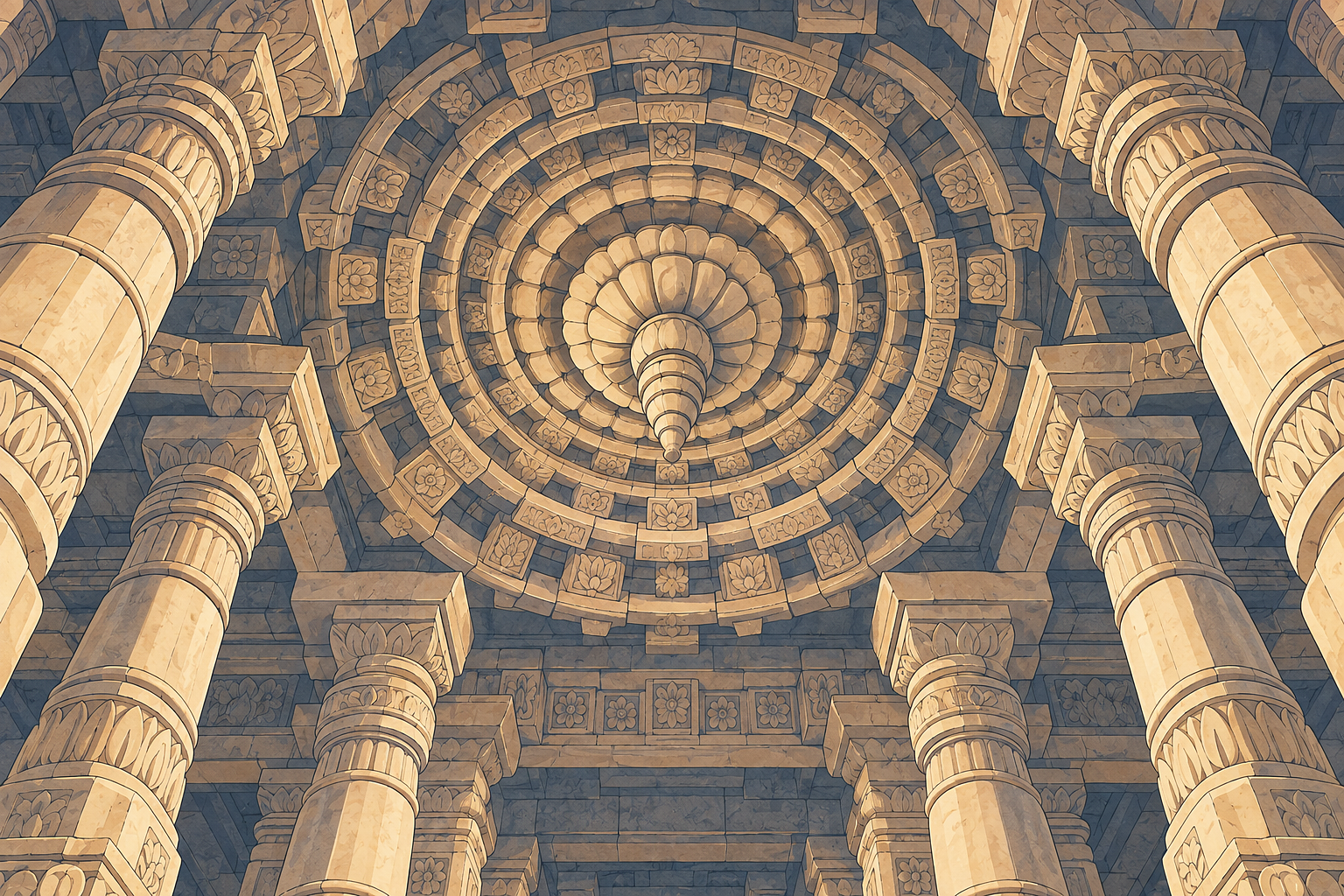 Concentric carved ceiling seen from below.