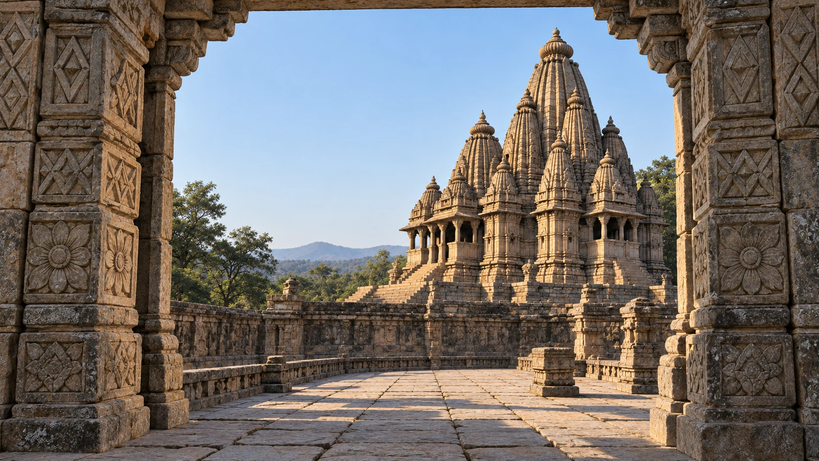 Generated daylight interpretation of Khajuraho, seen through a carved stone doorway.
