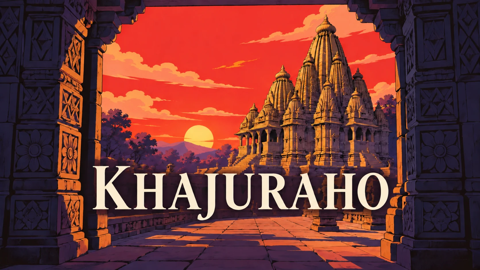 Khajuraho movie title: a vermilion sunset and golden temple framed by deep purple stone.